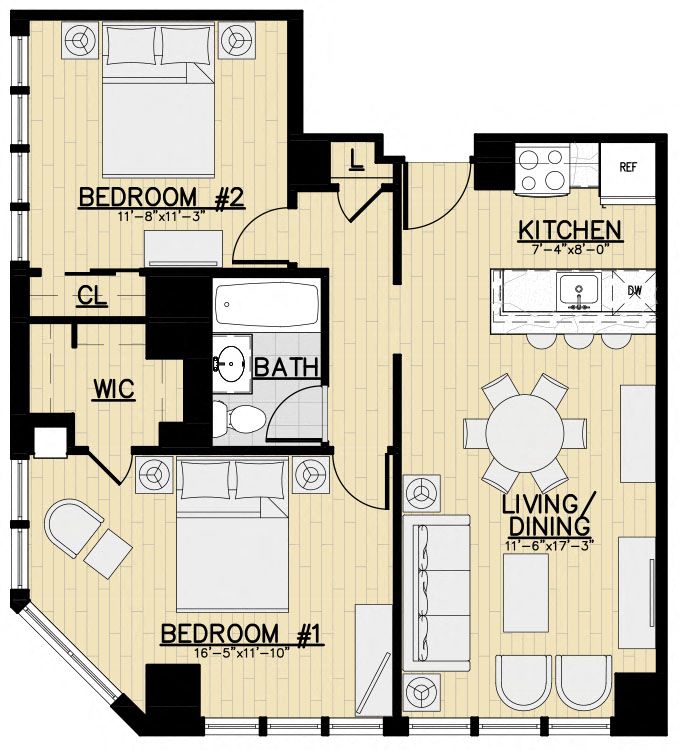 Floor plan for 2 beds, 1 bath, 838 sqft